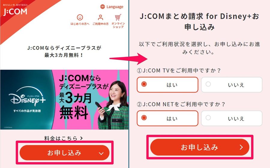 J:COMのDisney+申し込み画面の画像