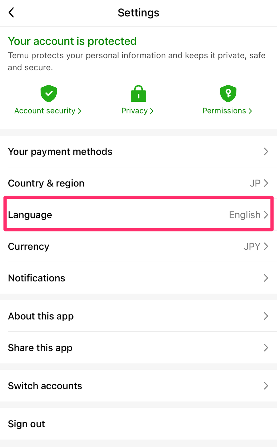 英語版Temuアプリの言語設定画面の画像